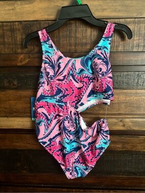 ✨NWT Reel Legends Girls Pink & Blue Swirl One-Piece Swim✨